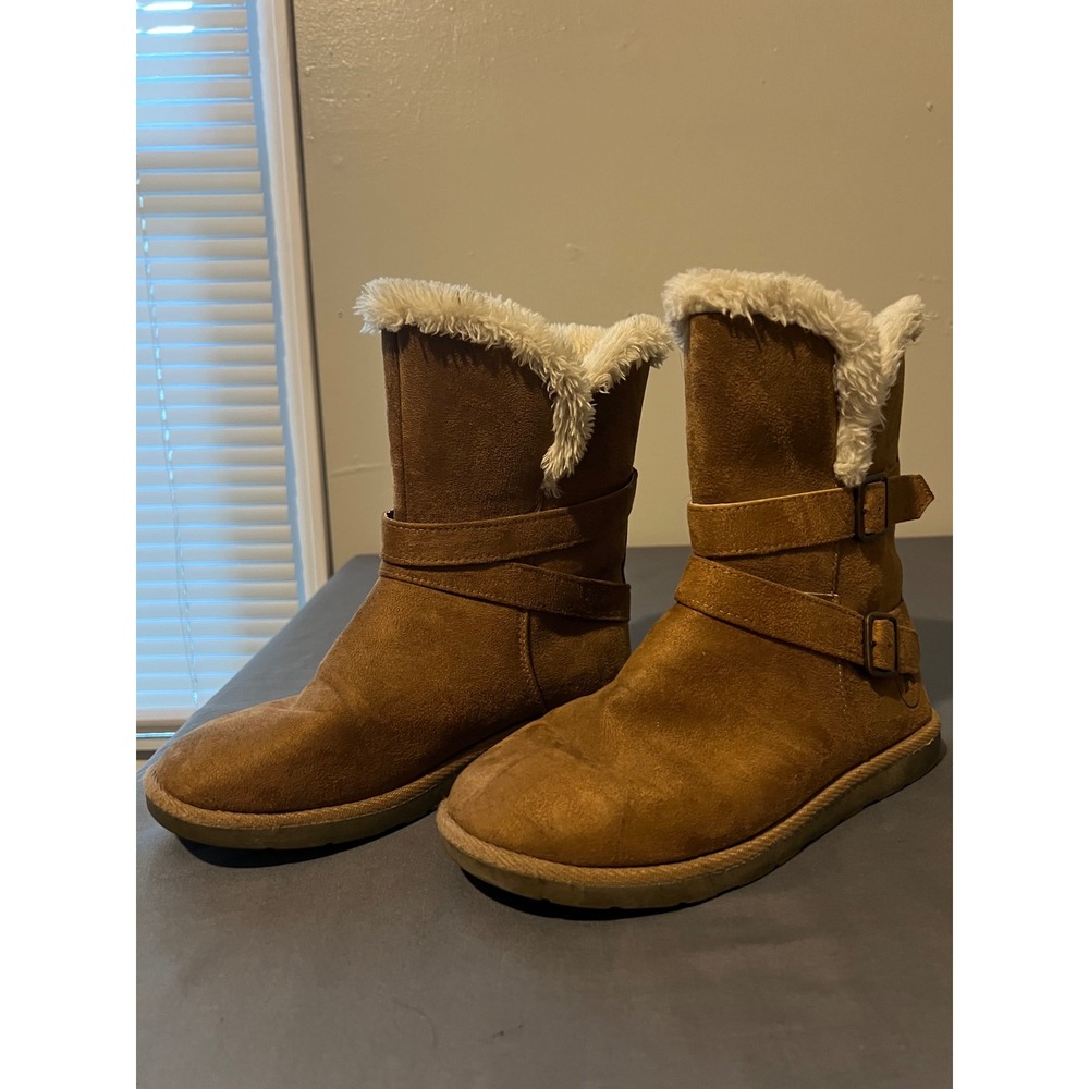Airwalk Womens Chestnut Brown Faux Suede Fur Lined Buckle Mid‎ Calf Boots 7.5